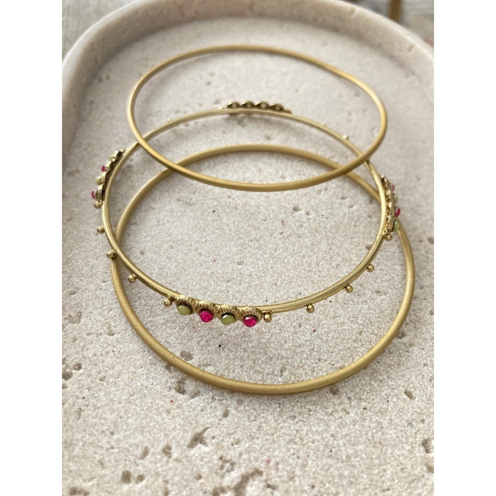 Set of 3 Gold Tone Bangle Bracelets Pink Green Rhinestone Accent Stackable Matte